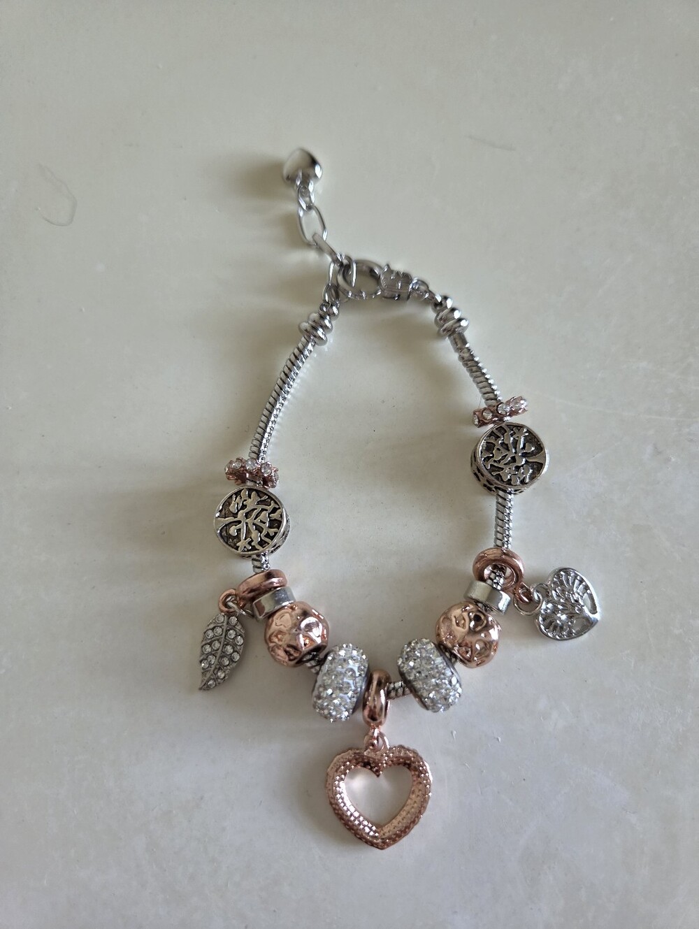 beautiful mixed-metal pandora style charm bracelet silver & rose gold tone - Picture 3 of 4